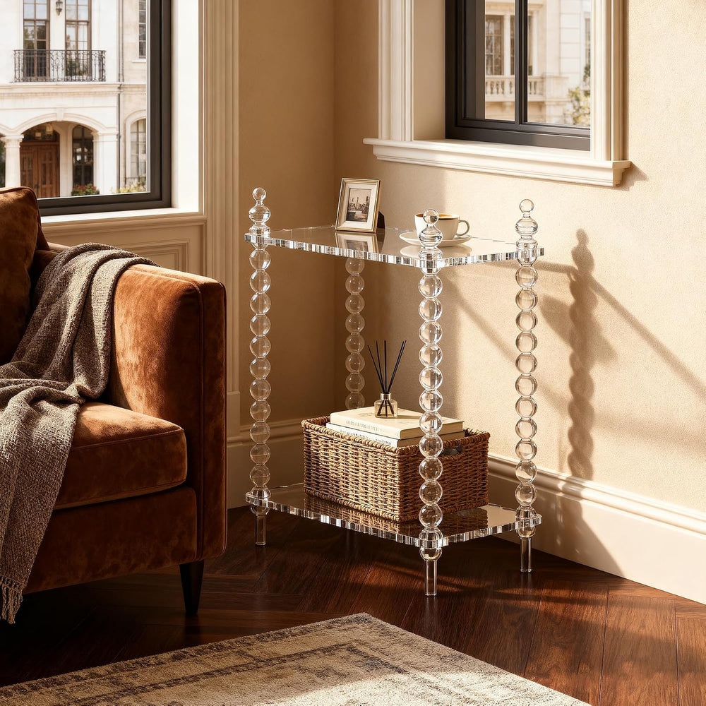 Acrylic Side Table 2-Tier, Clear Nightstand with Storage, Narrow Bedside End ...