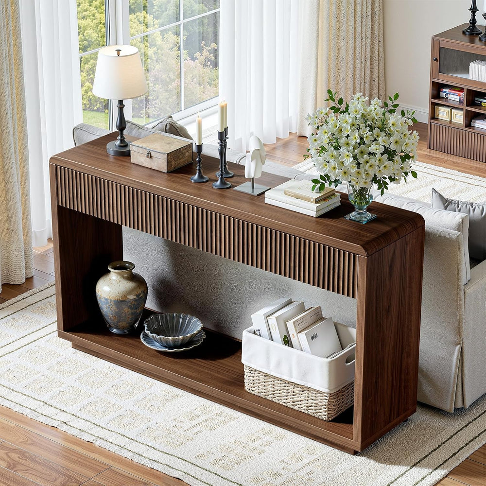 Evermagin 59'' Walnut Console Table with Drawers, Sofa Table with Sto...
