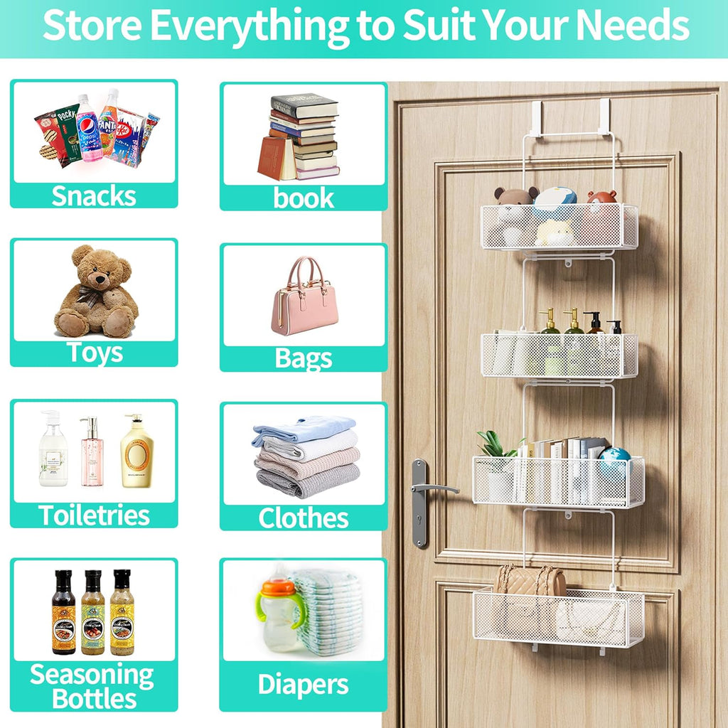 HapiRm Over Door Organizer Storage - Separable Door Organizer Hanging with 4 Metal Large Capacity Baskets for Bathroom Bedroom Kitchen Pantry Closet (White)