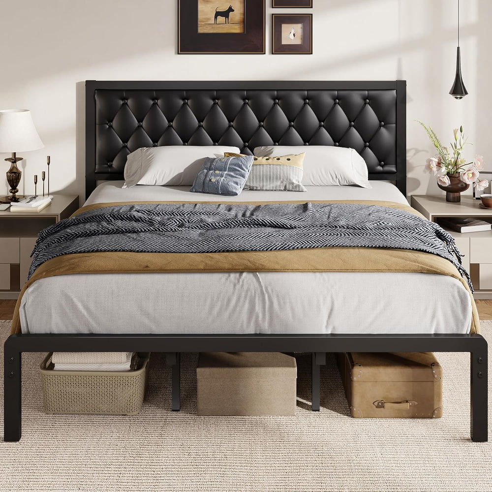 Fluest King Bed Frame with Headboard PU Leather Upholstered Bed Frame Platfor...