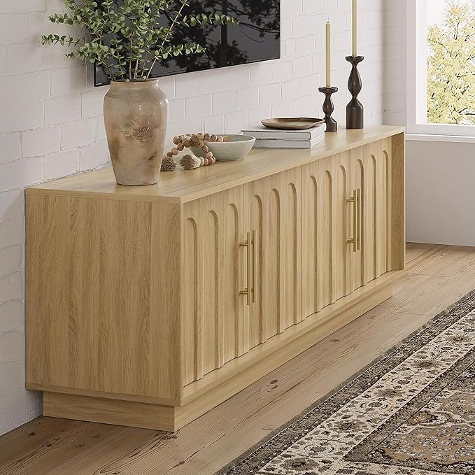 TV Stand for 75 Inch TV, Mid Century Modern TV Stand with Arched Design, Wood Grain Finish, Boho Media Console with Adjustable Shelves, 67" Entertainment Center for Living Room Bedroom, Oak