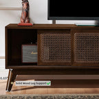 LKTART Boho Mid Century TV Stand,59" Rattan Entertainment Center,Media Console with Solid Wood Legs,Adjustable Feet & Divided Storage,TV Cabinet for 65 Inch TV,Dark Walnut