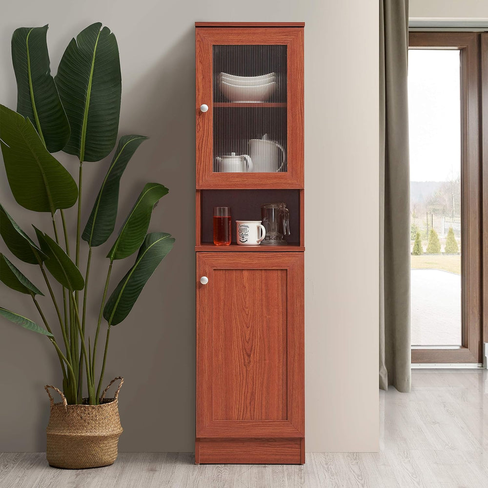Hodedah 63"" Tall Slim Open Shelf Plus Top and Bottom Enclosed Stor...