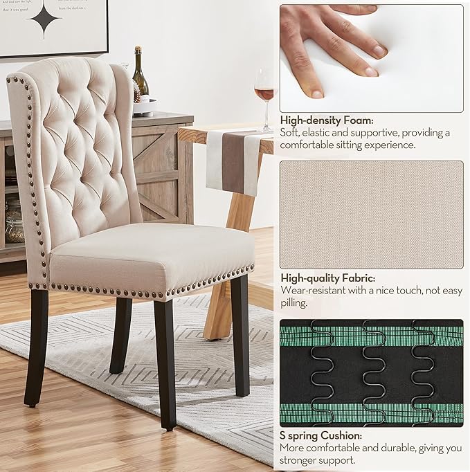 Yaheetech Upholstered Dining Chairs Set of 4 Button Tufted Kitchen Chairs with Solid Wood Legs and Nailhead Trims for Dining Room, Living Room, Restaurant, Beige