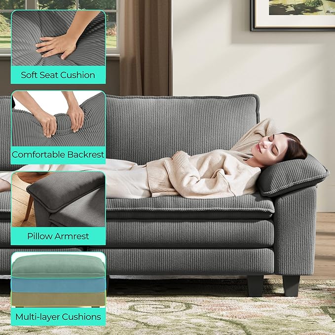 LINSY HOME Modular Sectional Sofa - 90 Inch Oversized Corduroy Cloud Couch with Movable Ottoman Soft Modern Comfy Sofa Set for Living Room Apartment Office, Grey