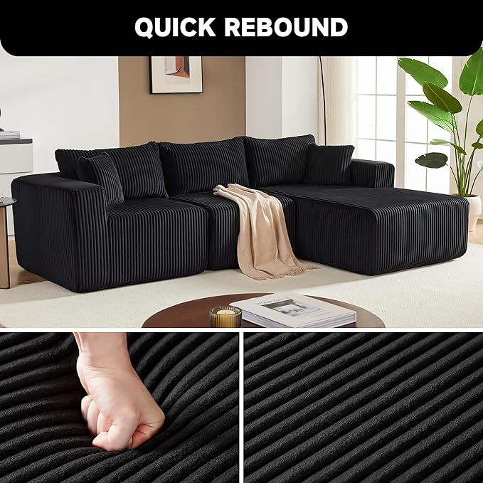 97" Modular Sectional Sofa, L-Shaped Boneless Couch with Deep Seat, Cozy Cloud Couch Sectional with Convertible Ottoman, Modern Sectional Couches for Living Room（ Black）