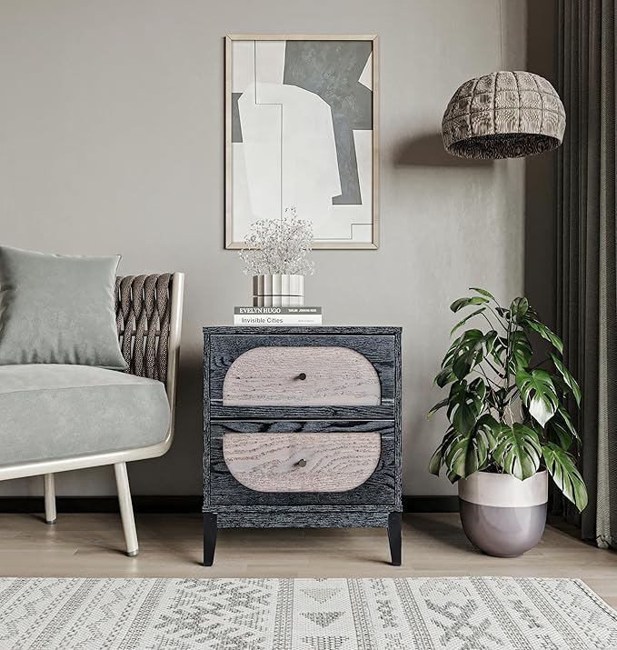 Sango Arch 2-Drawer Nightstand, Modern Black Wood Bedside Table with Two-Tone Finish, Storage Drawers, Sturdy Legs, Minimalist Stylish Furniture for Contemporary Homes