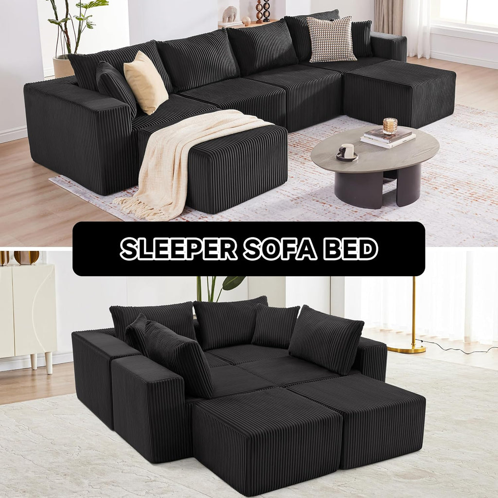 135.4" Sectional Couches for Living Room, U Shaped Boneless Couch, Black | Deep Seat Modular Sectional Sofa for Living Room, Upholstered Corduroy Couch for Apartment, Converts to Bed for Movie Nights