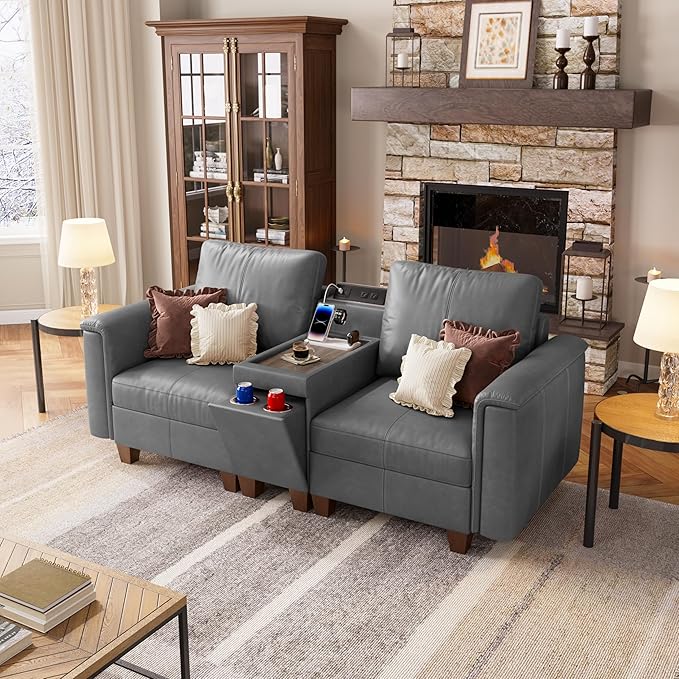 SITJOY 79" Faux Leather Modular Sectional Sofa with Storage, Mid Century Modern Sectional Couches for Living Room, 2 Seat Loveseat Couch and Console Table, Hidden Cupholders, Gray