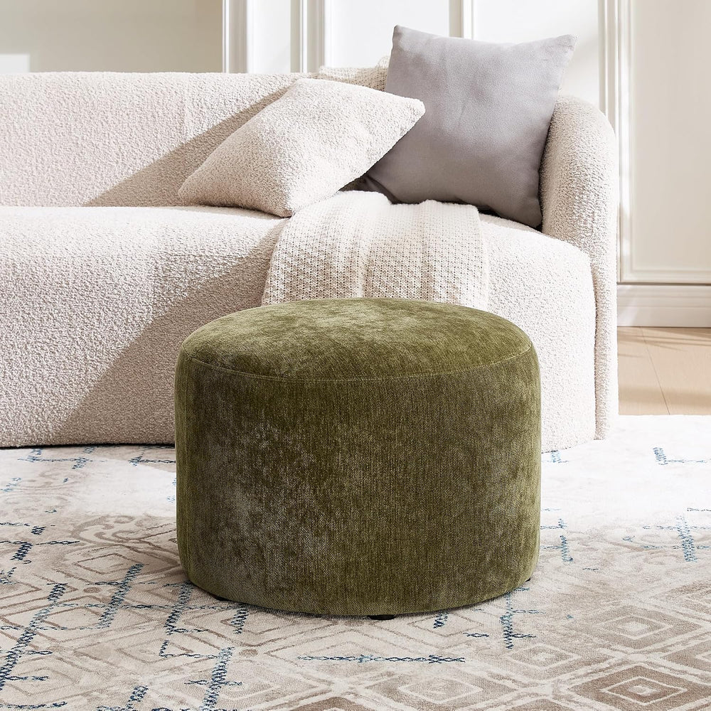 Upholstered Round Green Pouf Ottoman, Modern Footstool | Chenille Footrest wi...
