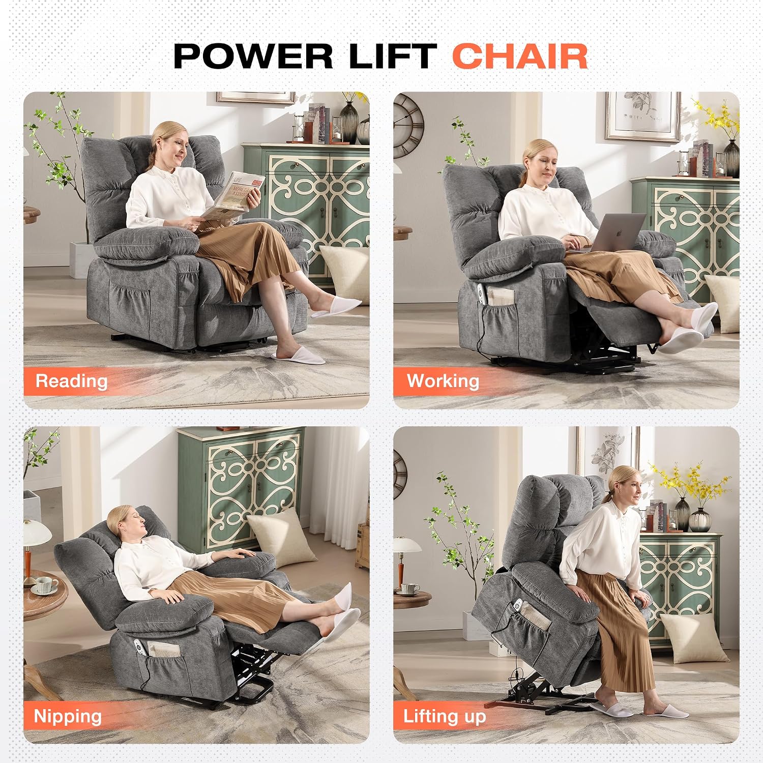 Power Lift Recliner Chair for Elderly with Vibration Massage and Lumbar Heating, Electric Lift Recliner Sofa with USB Charging Port and Side Pocket, Adjustable Lift Chair for Living Room Comfort