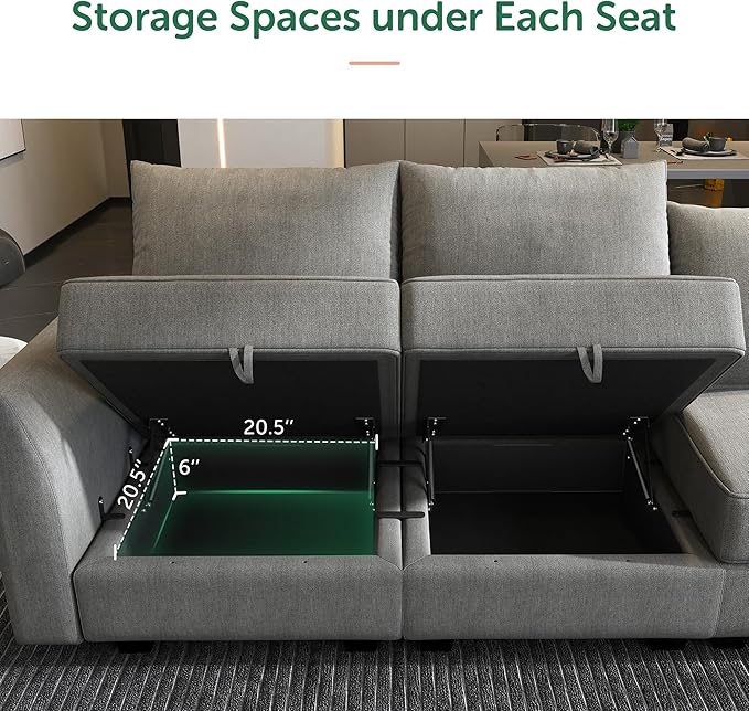 HONBAY Modular Sectional Sofa Sleeper Couch | Oversized with Chaise and Ottoman U Shaped Set | Stoarge Seat, Grey