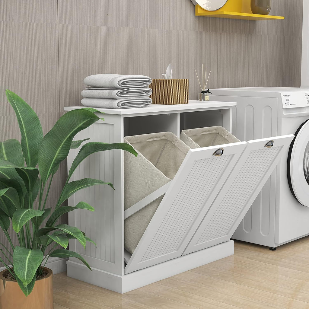 KEIKI Double Tilt-Out Laundry Hamper Cabinet with Removable Bags, Hidden Laundry Organizer for Bathroom or Laundry Room Cabinets, White