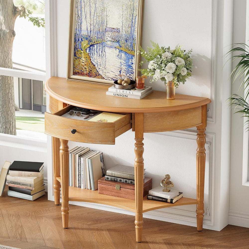 LKTART Vintage Half Moon Console Table with Solid Pinewood Frame & Legs, ...