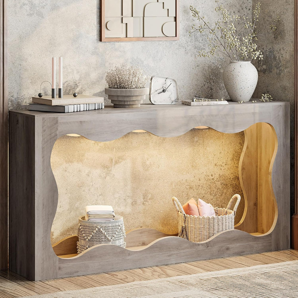 Shintenchi 63 inch Farmhouse Console Table with Storage & LED Light, Long...