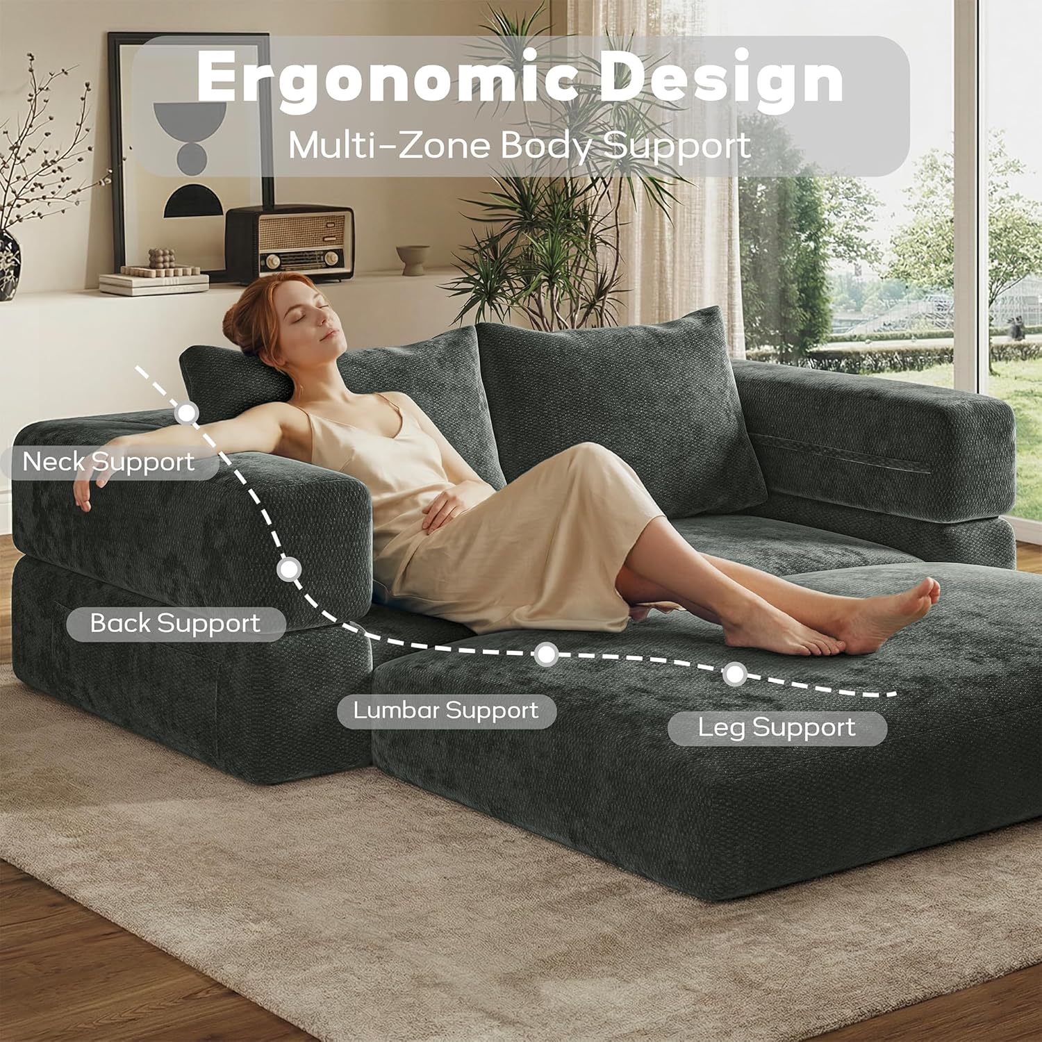 75'' convertible Sofa Couch Bed Queen, Foldable Boneless Couch Sleeper Sofa | 4-in-1 Pull Out Futon Mattress Floor Couch with Large Pillow , No Assembly for Living Room/Bedroom, Chenille, Dark Gray