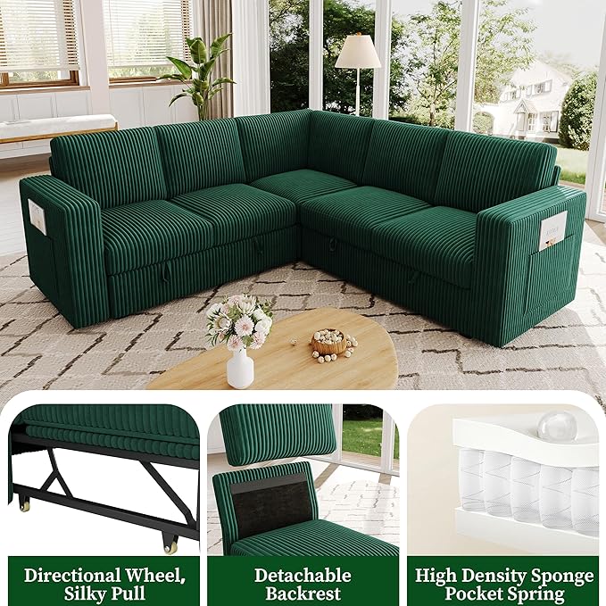 83.5" Sectional Sleeper Sofa with Pull Out Couch, Modern 5 Seat L Shaped Modular Couch,Green Sectionals Modular Sofa with Storage, Comfy Corduroy Couches Sectional for Living Room & Apartment