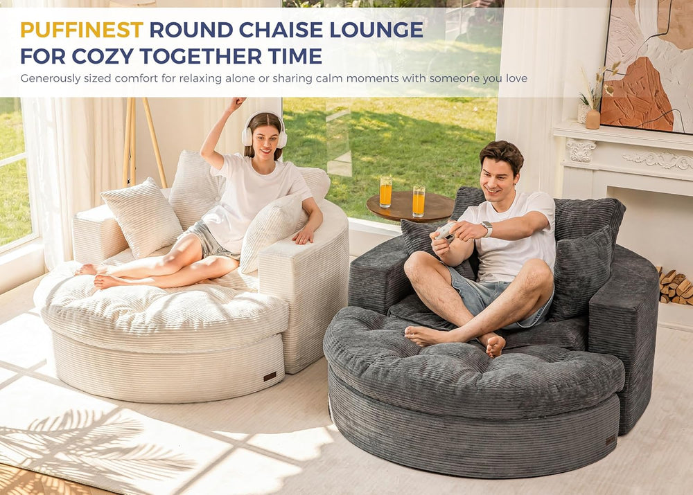 MAXYOYO Oversized Round Chaise Lounge Sofa, Floor Chair with Ottoman | Beige ...