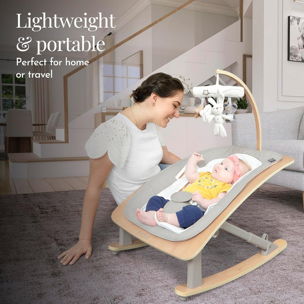 Evolur Tory 2-in-1 Baby Bouncer Rocker Chair, Portable Easy Folding Adjustable Bouncer, No Assembly, One-Hand Fold Newborn Bouncer, 3 Recline Levels, Removable Wooden Toy Bar - Light Gray