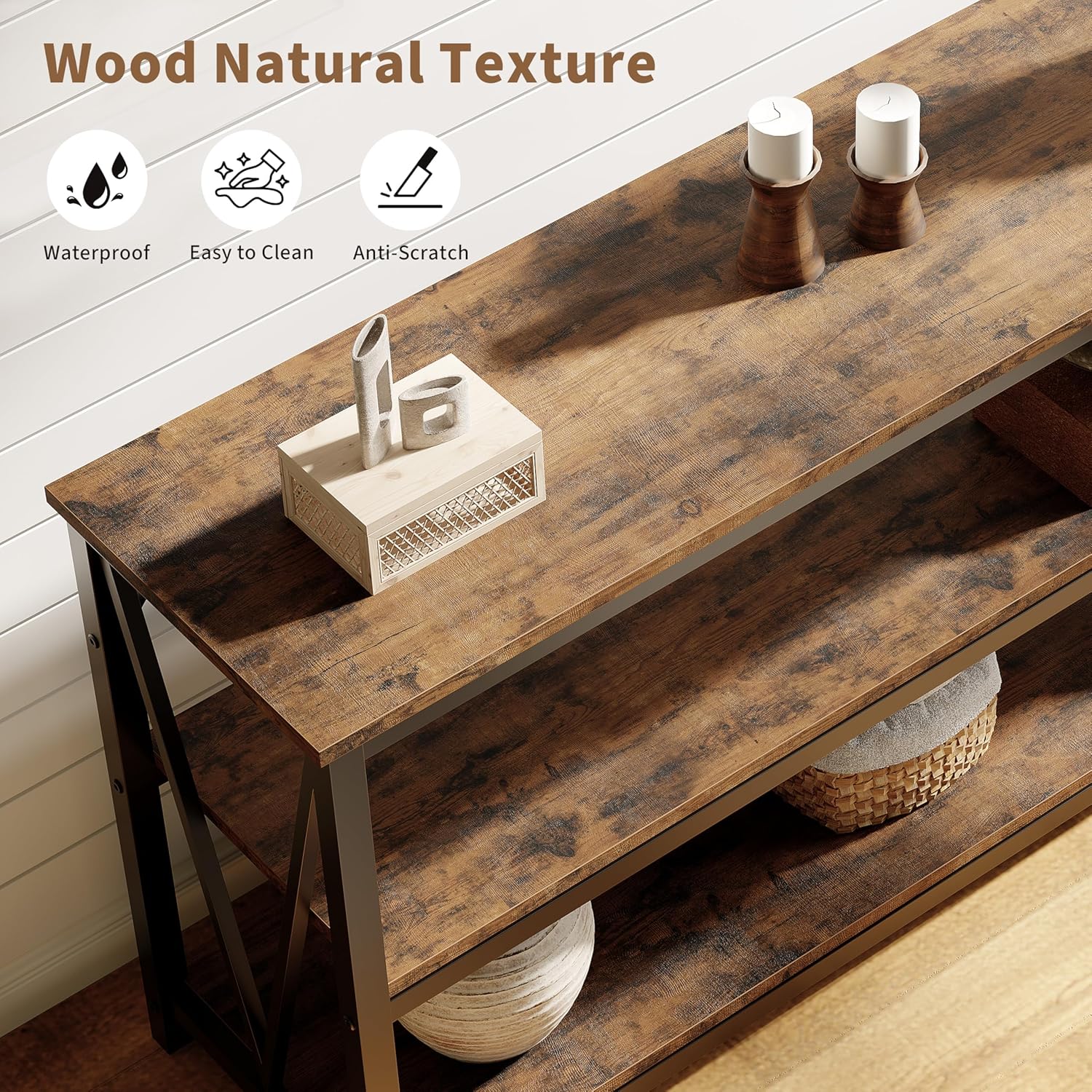 IDEALHOUSE Industrial Entryway Table, 47 in Narrow Long Console Table with Storage, 3 Tier Wood Console Table for Living Room, Farmhouse Sofa Tables Behind Couch, Hallway Table for Foyer-Brown