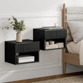Fluted Floating Nightstand Set of 2 with Drawer, Modern Night Stand with Fluted Door and Open Storage Shelf Wall Mounted Bedside Table for Bedroom, Entryway Black