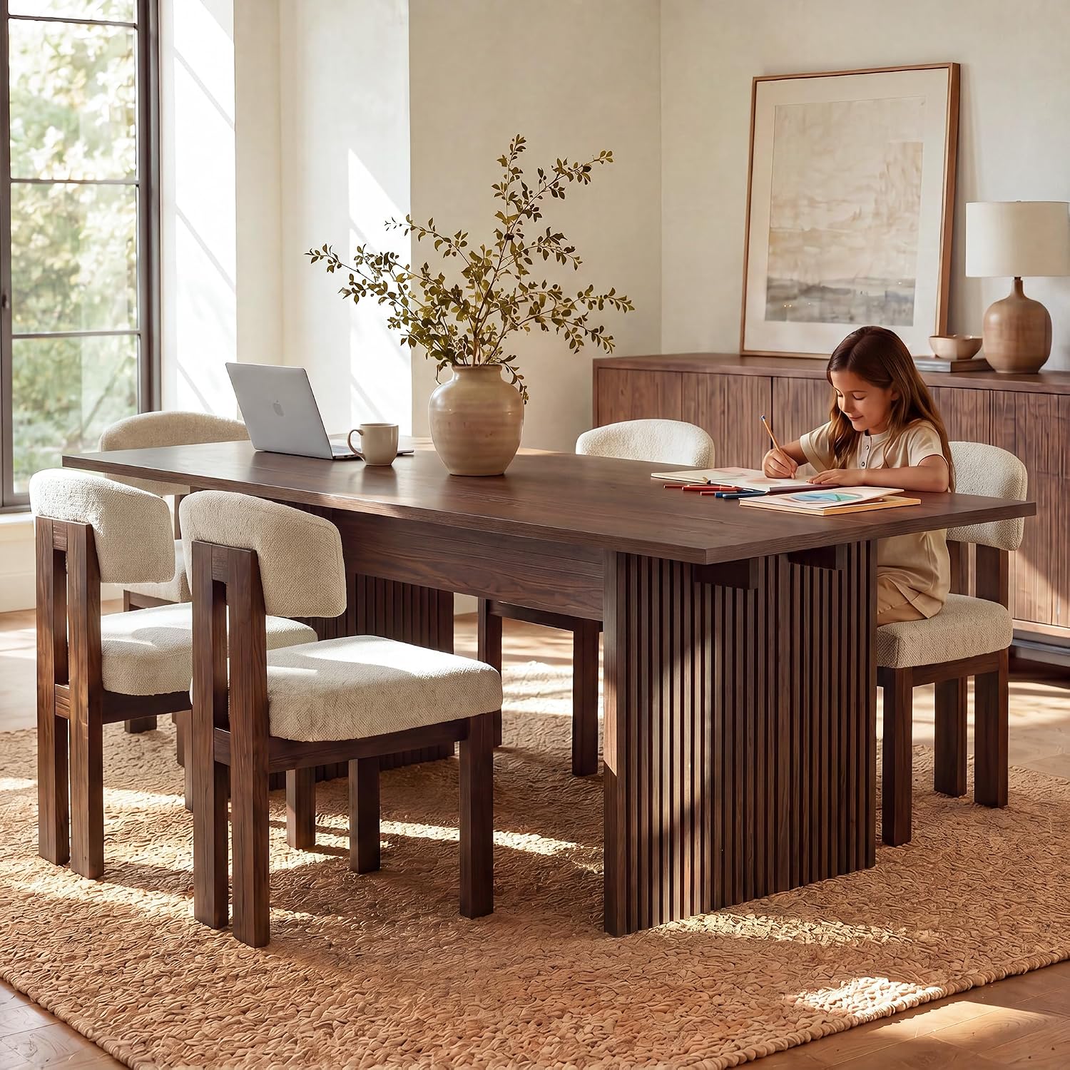 COLAMY 63 Inch Dining Room Table for 4 to 6, Modern Farmhouse Rectangular Kitchen Table with Easy-Care Melamine Surface, Stable Wooden Pedestal Dining Table, Multiple Color Options,Darkbrown