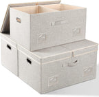 75 Quarts Extra Large Decorative Storage Bins with Lids, 3 Packs Beige Collapsible Storage Bins with Lids, Stackable Storage Bins Decorative Box Storage With Lid Extra Large