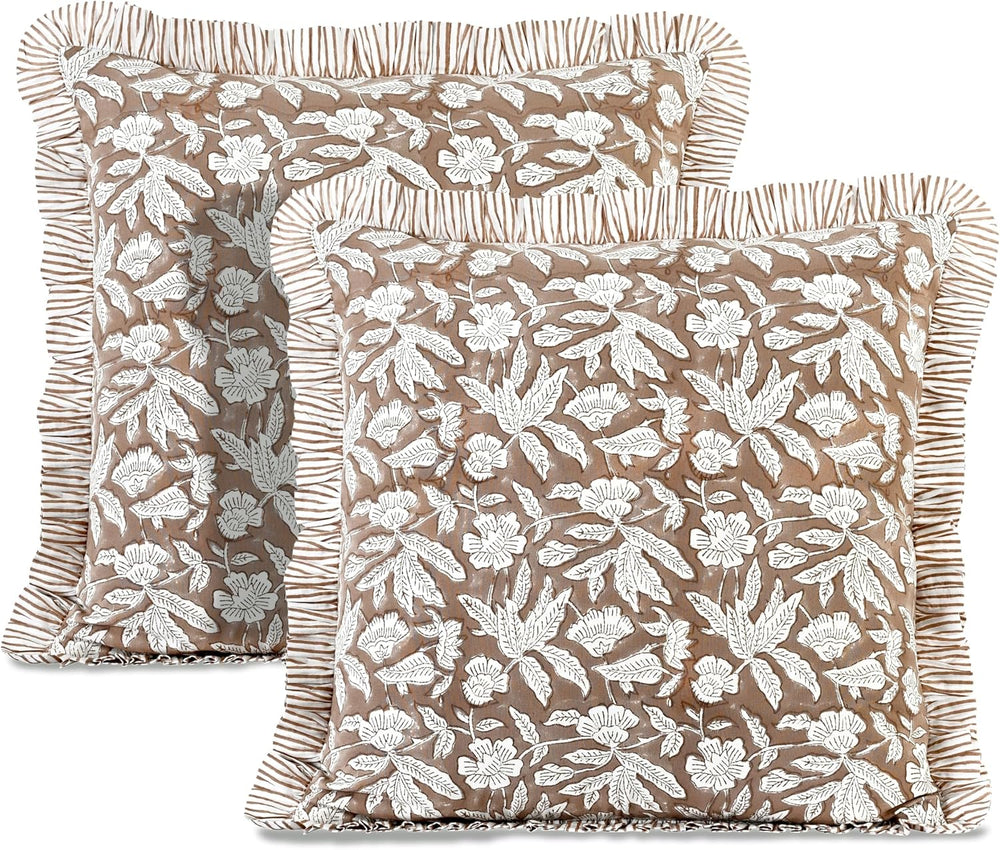 Ridhi Oak Brown Block Print Ruffle Pillow Covers 16x16 Inch Set of 2