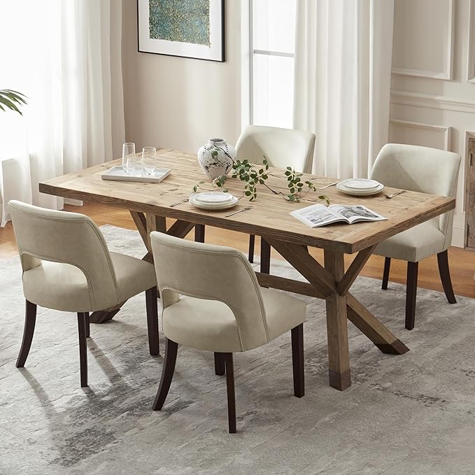 VKNOW Modern Dining Chairs Set of 4, Faux Leather Upholstered Dining Room Chair Kitchen Chairs, Farmhouse Dinner Chair for Kitchen Dining Room, Beige