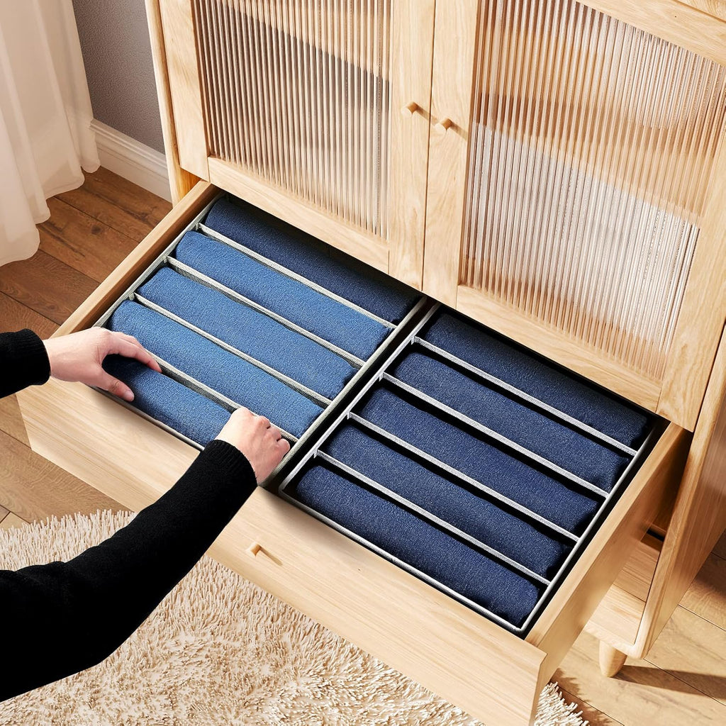 Jeans Organizer - Wardrobe Clothes Organizer with 5 Cells, Closet Organizers and Storage for Jeans, Sweater, Pants Organizers for Closet, Shelves, 4 Pack (Black)