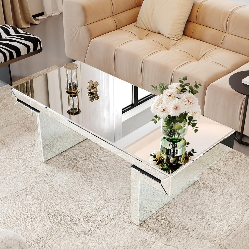 47 Inches Luxury Rectangular Mirror Coffee Table with Tempered Glass, Sofa Si...