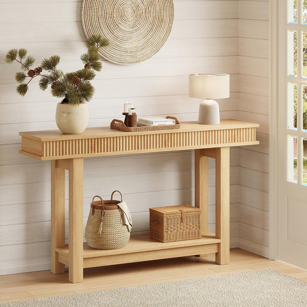 Garvee Farmhouse Fluted Console Table, 2 Tier Wooden Entryway Table with Shel...