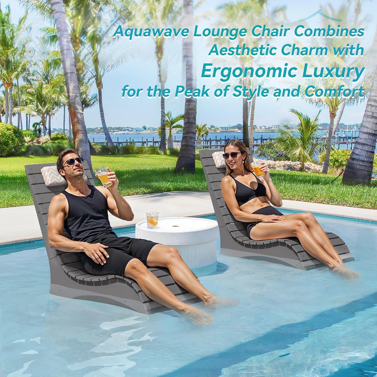 Pool Chairs Set of 2, Fade-Proof for Shallow Water with Headrest | Anti-Floating Pool lounge chairs fit 8–10in baja shelf, tanning chair, all-weather HDPS frame, non-slip build, up to 330 lbs
