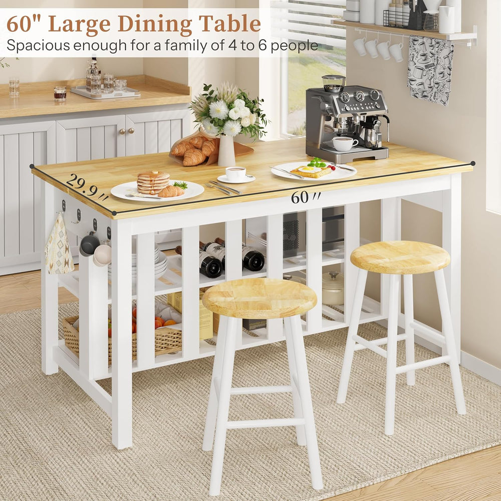 DynJest 60" Solid Rubberwood Kitchen Island with Power Outlets, Hooks,Wh...