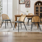 TYBOATLE Black Rattan Dinner Chairs Set of 4 with Faux Leather Cushion, Modern Dining Room Chairs w/Adjustable Foot Pads, Kitchen Boho Mid Century Upholstered