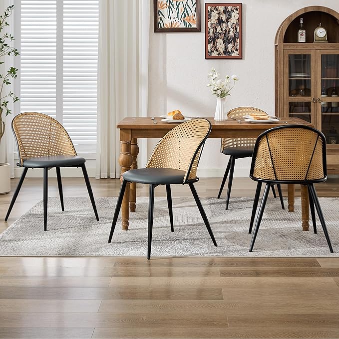 TYBOATLE Black Rattan Dinner Chairs Set of 4 with Faux Leather Cushion, Modern Dining Room Chairs w/Adjustable Foot Pads, Kitchen Boho Mid Century Upholstered