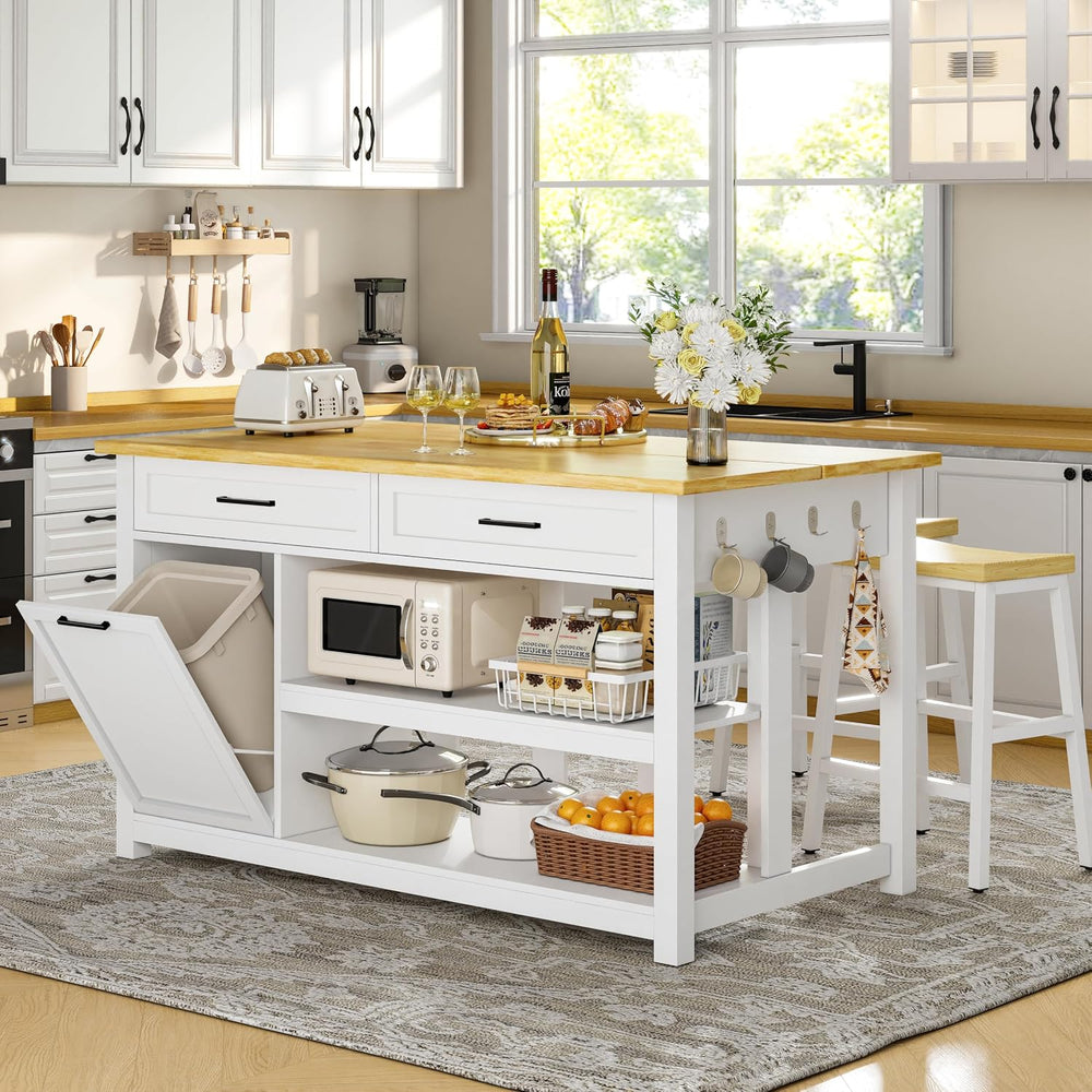 DynJest 47" Solid Rubberwood Top Kitchen Island with Storage, 2 Bar Stools