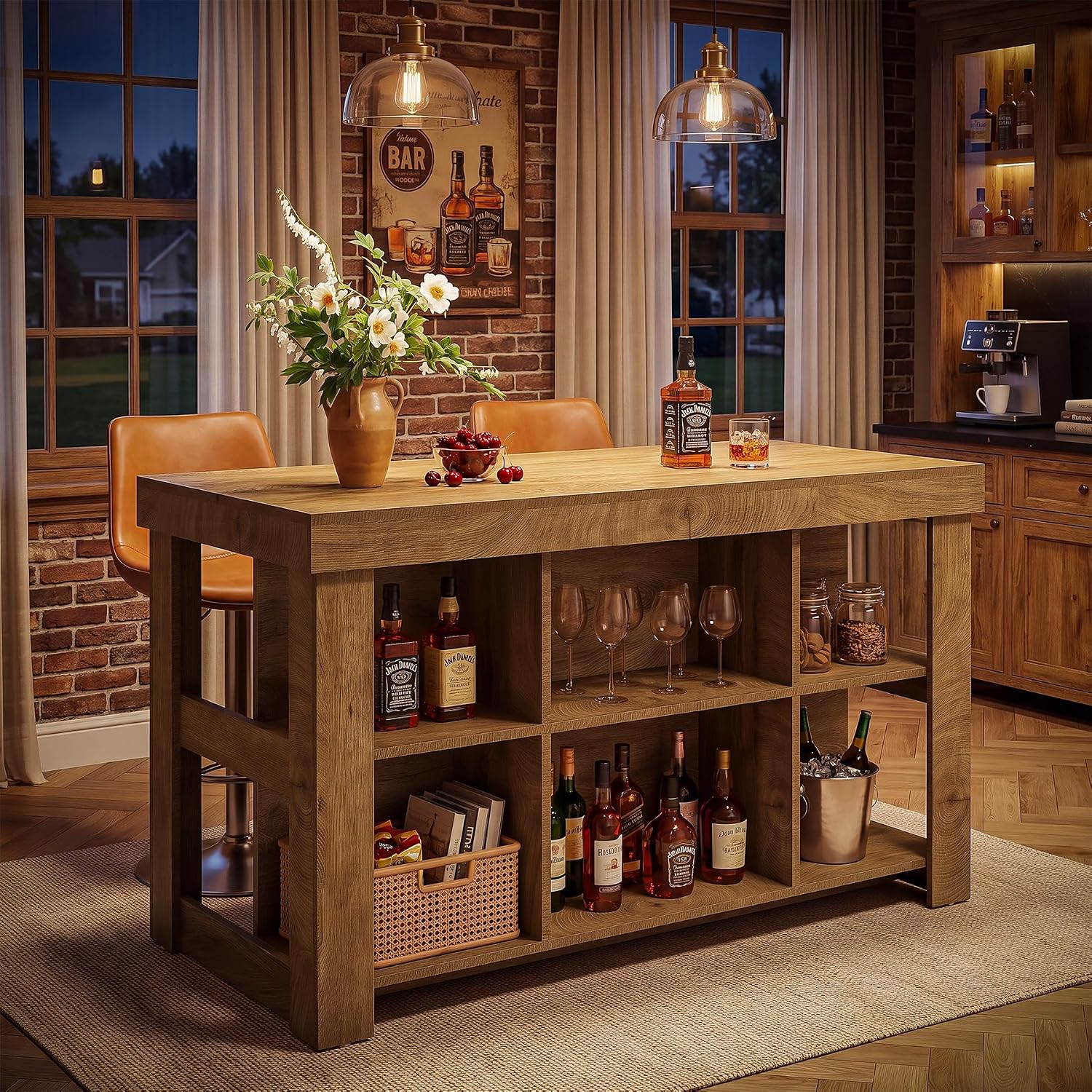 Tribesigns 55.1" Kitchen Island with 6 Storage Cubbies, Farmhouse 3-Tier Stationary Island Table, Large Dual-Sided Coffee Bar Table with Storage Shelves for Kitchen Dining Room