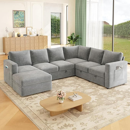 106.7" Sectional Sleeper Sofa with Pull Out Couch, Modern 7 Seat U Shaped Modular Couch, Sectionals Modular Sofa with Storage, Comfy Sectional Couches for Living Room & Apartment, Light Gray