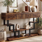 47.3" Console Table with Fluted Drawers, 3-Tier Modern Entryway Table with Geometric Black Metal Frame, Luxury Sofa Table for Living Room, Hallway, Foyer（Walnut Oak