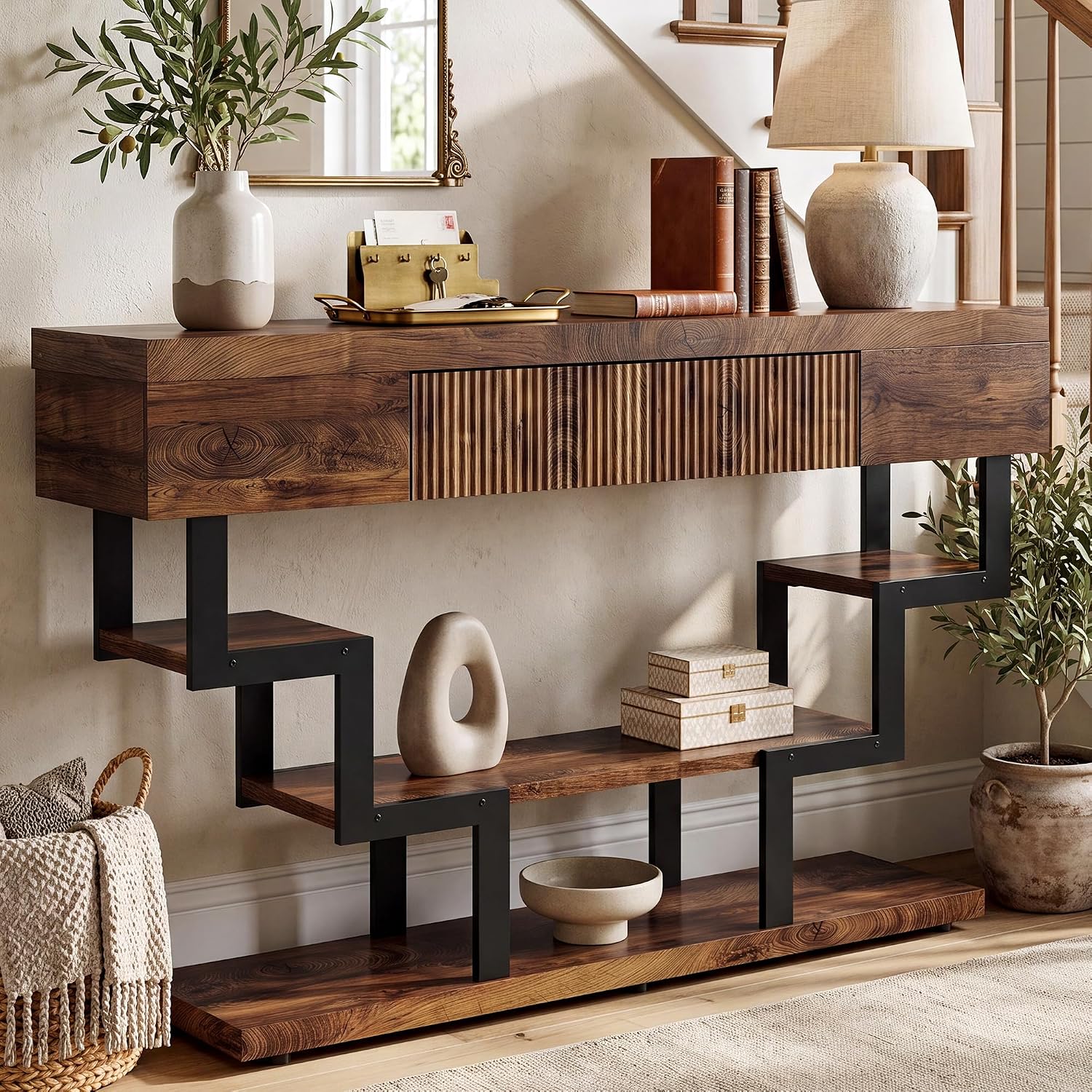 47.3" Console Table with Fluted Drawers, 3-Tier Modern Entryway Table with Geometric Black Metal Frame, Luxury Sofa Table for Living Room, Hallway, Foyer（Walnut Oak