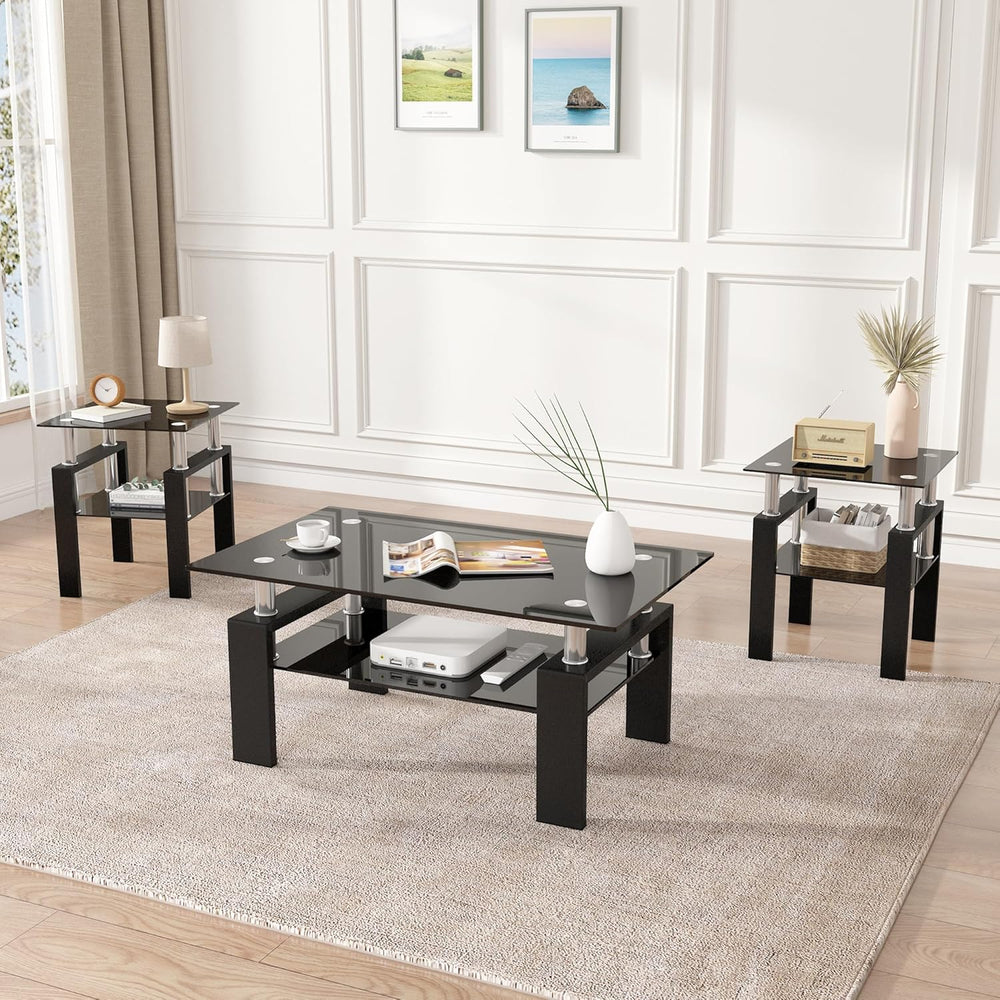 3 Piece Living Room Table Set, Glass Coffee Table and End Table Set of 3, Cof...