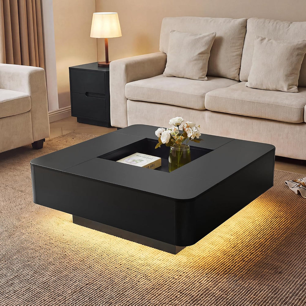 Square Coffee Table, 35.4" Modern Coffee Table with RGB LED Lights (Black)