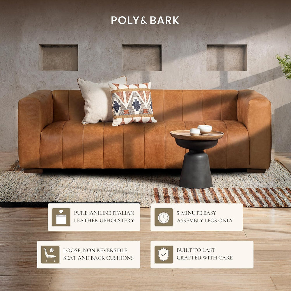 POLY & BARK Canale Sofa – 86" Channel-Tufted Italian Leather Couch –...
