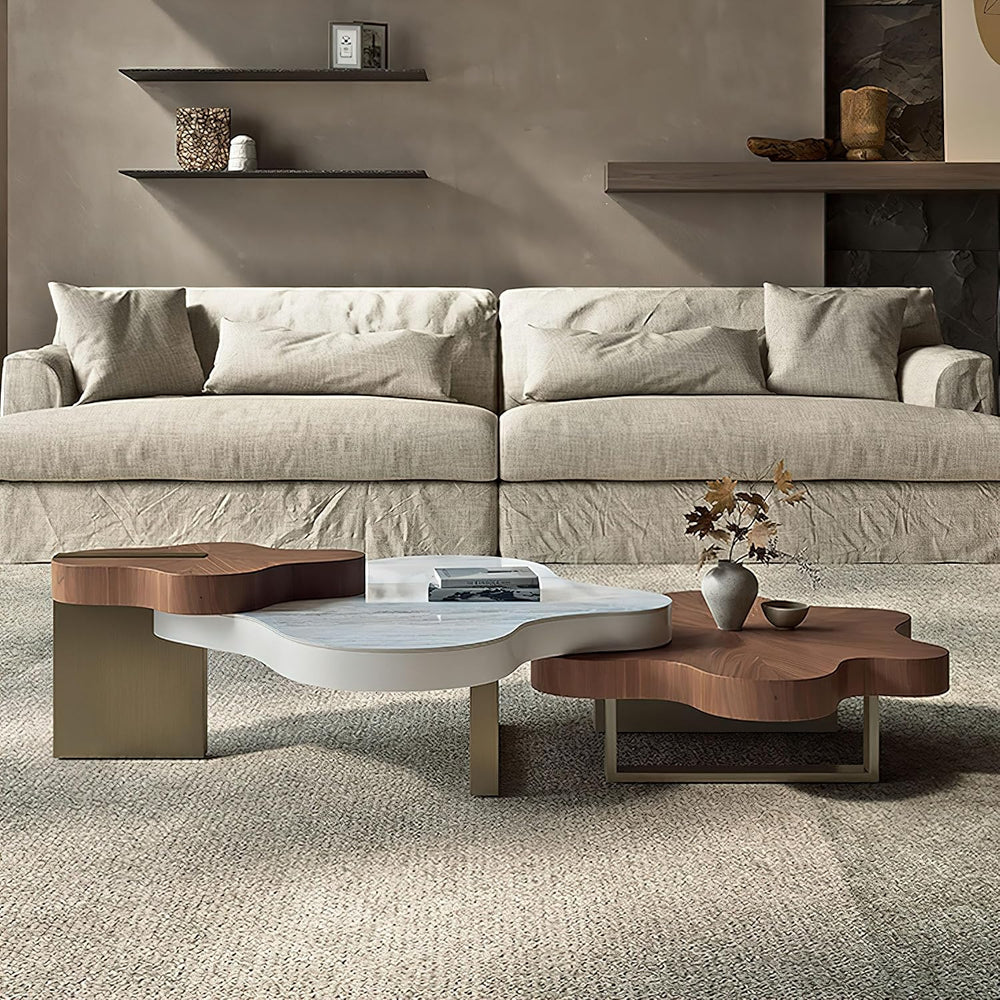 Rectangular Nesting Coffee Tables Set of 2, 63in Walnut Wooden Cloud Side Tab...