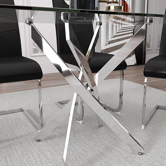 5 Piece Dining Table Table Set, Modern Tempered Glass Dining Table Set for 4 Kitchen Table Set with 4 Upholstered Chairs for Kitchen Dining Room (Sliver Table with Black Hoop Leg Chairs)