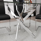 5 Piece Dining Table Table Set, Modern Tempered Glass Dining Table Set for 4 Kitchen Table Set with 4 Upholstered Chairs for Kitchen Dining Room (Sliver Table with Black Hoop Leg Chairs)