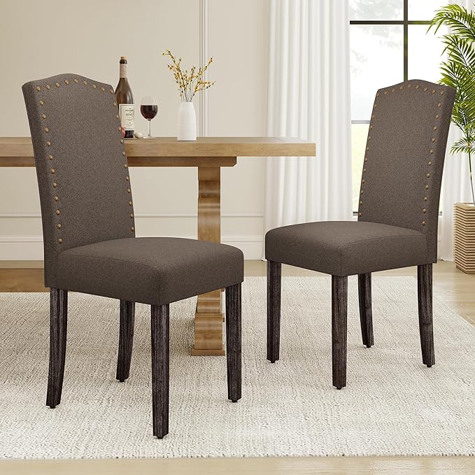 LSSPAID Dining Chairs Set of 2, Modern Comfy Linen Upholstered Parsons Dining Room Chairs with Bronze Nail Head Trim and Brushed Solid Wood Legs, Coffee