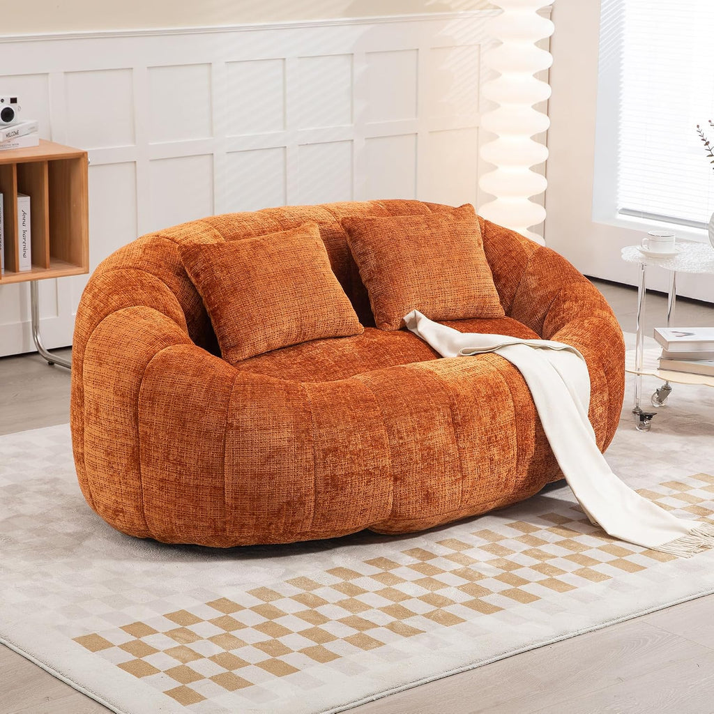 QQU Giant Bean Bag Chairs for Adult and Kids with 2 Pillows, 2-Seat Bean Bag Sofa with Armrest and Back, Chenille Loveseat Filling high -Density Foam, Large Lazy Sofa for Living Room, Bedroom,Orange