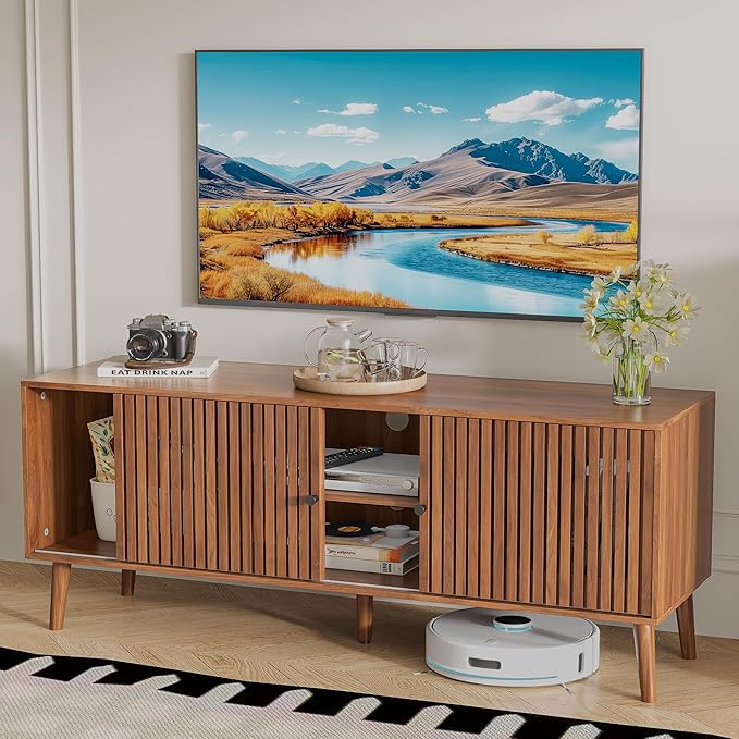 Mid Century Modern TV Stand for Televisions up to 60 Inches, with Sliding Doors and Storage, Television Stands, TV Consoles, Media Consoles for Living Room(Walnut-51.2inch)